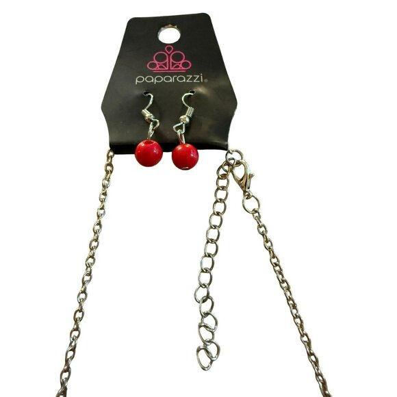 New Paparazzi Red Bead Silver Chain Necklace & Matching Earrings Set For Women - Picture 3 of 4